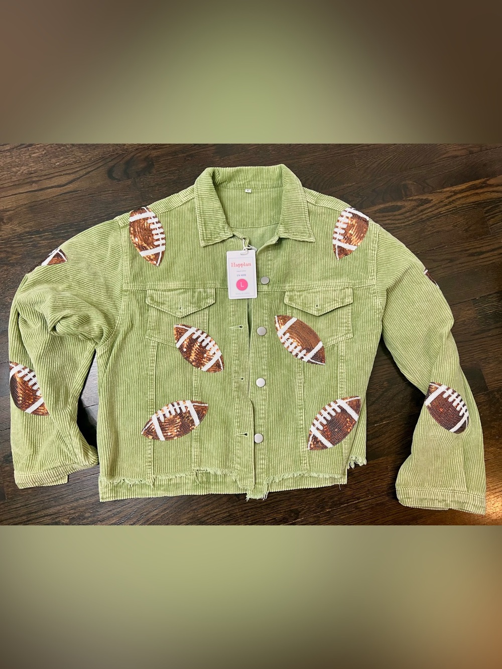 NWT Happlan Lime Green Corduroy Jacket with Sequin Footballs